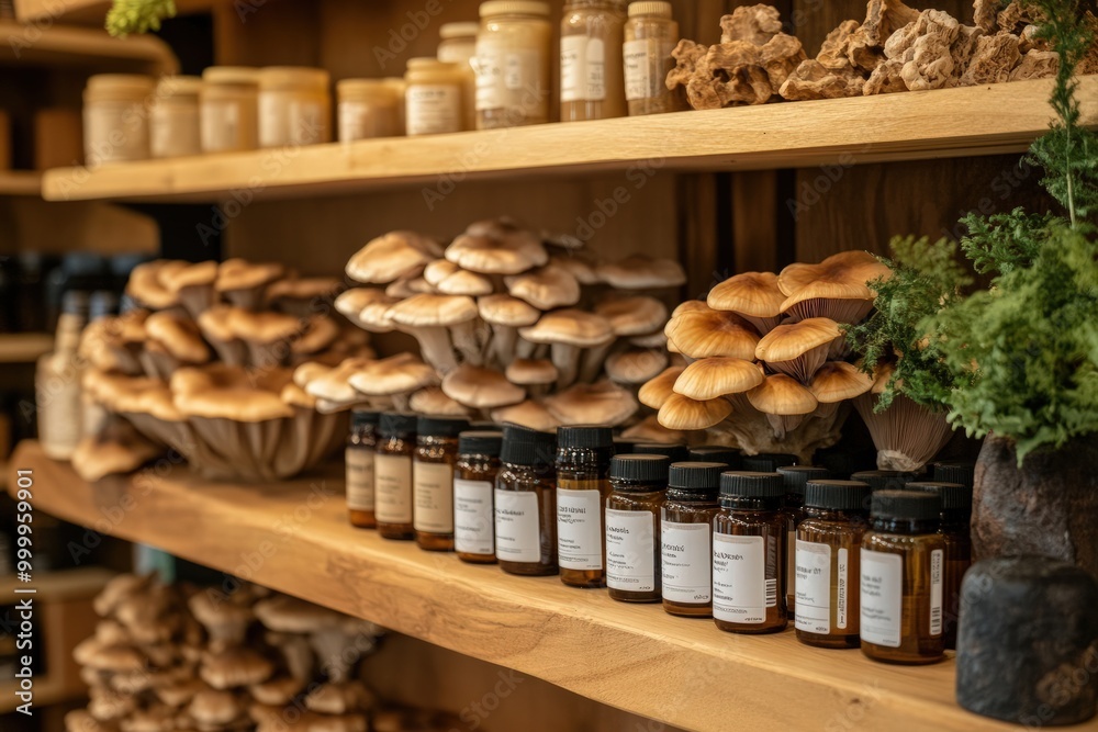 A modern apothecary setup with organic mushroom-based supplements in eco-friendly packaging, featuring reishi capsules, cordyceps tinctures, and dried mushrooms, all neatly displayed on a wooden shelf A modern apothecary setup with organic mushroom-based supplements in eco-friendly packaging, featuring reishi capsules, cordyceps tinctures, and dried mushrooms, all neatly displayed on a wooden shelf