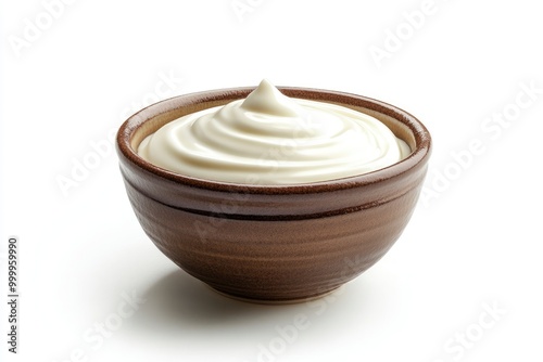 ceramic bowl of fresh greek yogurt or sour cream isolated on white background - generative ai