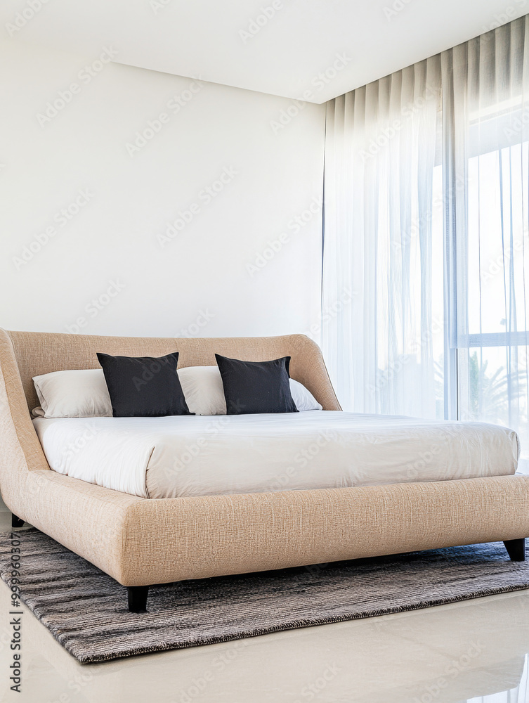 Modern bedroom featuring a stylish upholstered bed with black pillows and large windows, providing natural light and a calming atmosphere Modern bedroom featuring a stylish upholstered bed with black pillows and large windows, providing natural light and a calming atmosphere