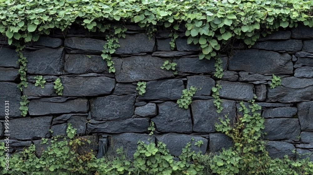 A weathered gray stone wall is covered in a thick blanket of lush green vines A weathered gray stone wall is covered in a thick blanket of lush green vines