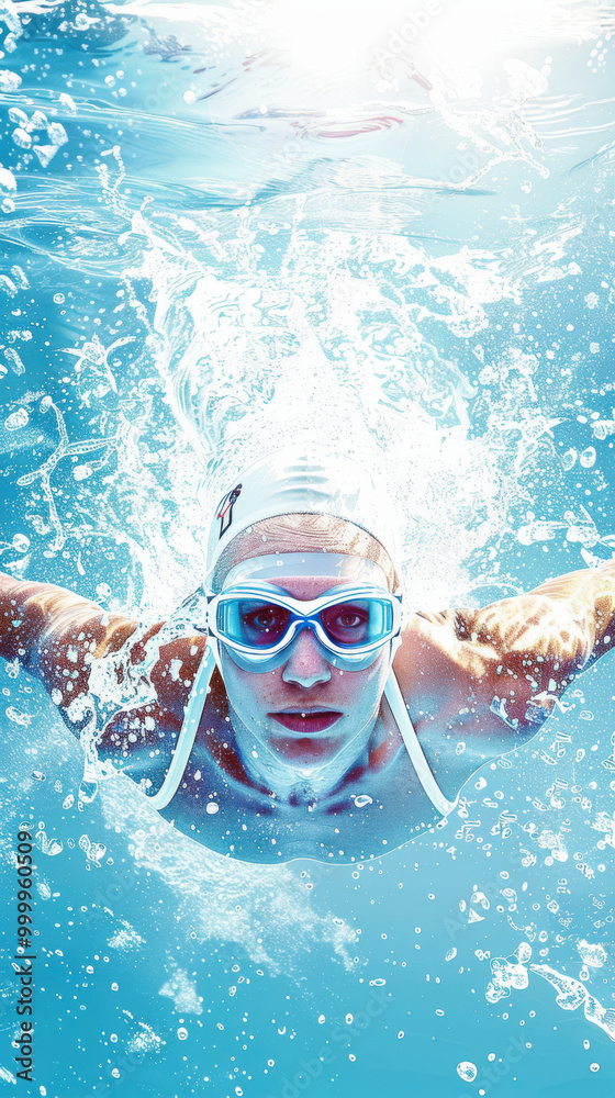 Naklejka premium Swimmer diving underwater, athlete in action, swimming competition, sports excellence, water splashes, swimming passion concept