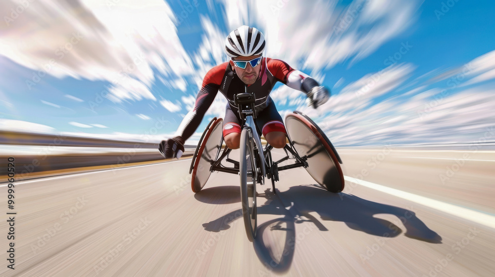 Obraz premium Wheelchair athlete speeding on highway, wearing helmet and sunglasses, motion blur, sports competition concept