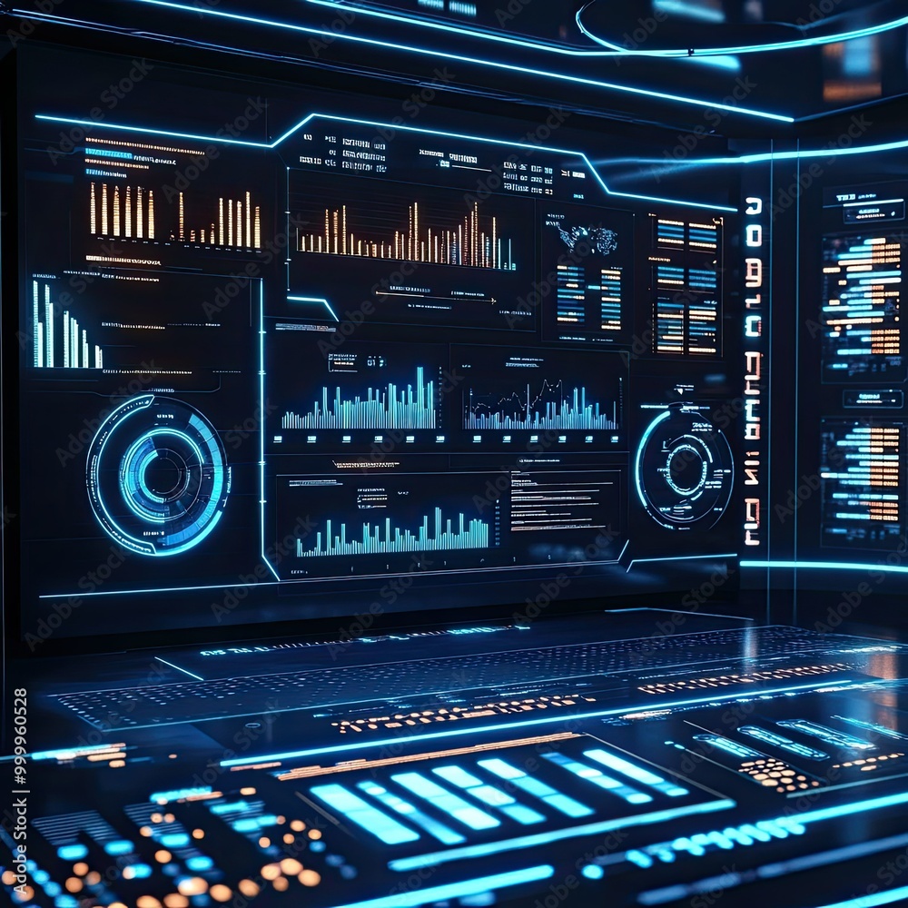 Obraz premium Futuristic digital dashboard with virtual data streams, showcasing advanced analytics and AI-driven insights.