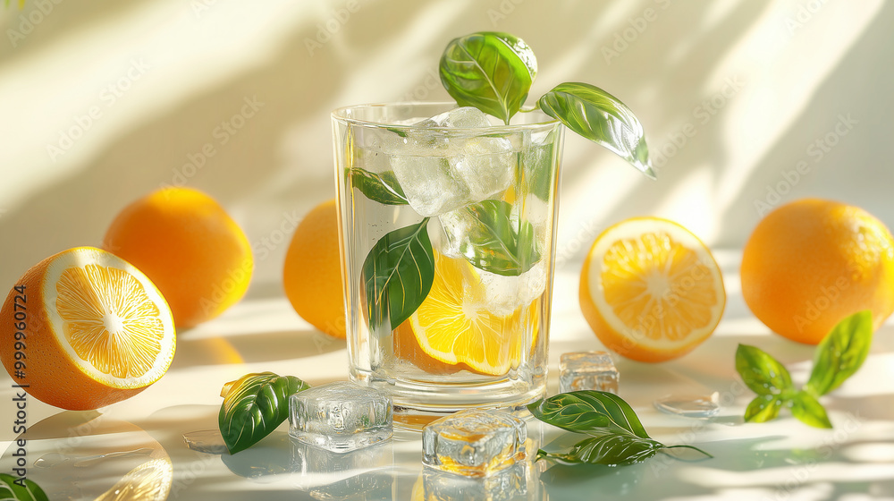 Refreshing iced tea with lemon and orange slices, surrounded by fruit and ice on a sunny day. Refreshing iced tea with lemon and orange slices, surrounded by fruit and ice on a sunny day.