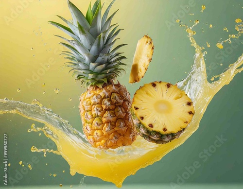 Flying in air fresh ripe whole and cut baby Pineapple with juice splash isolated on pastel yellow background