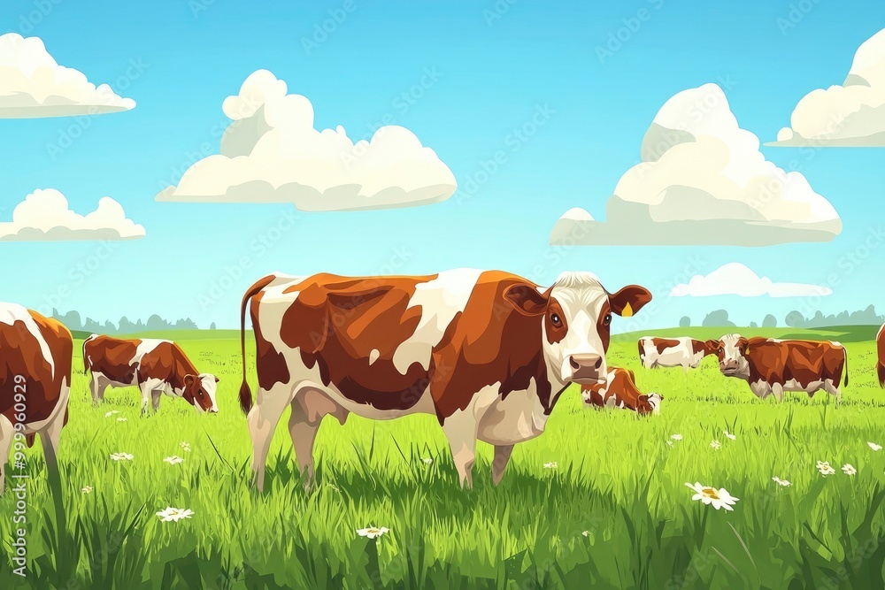 Cattle cow grazing on farmland. Grazing Cows in a Meadow with Grass. Cows Herd on a Grass Field. generative ai Cattle cow grazing on farmland. Grazing Cows in a Meadow with Grass. Cows Herd on a Grass Field. generative ai