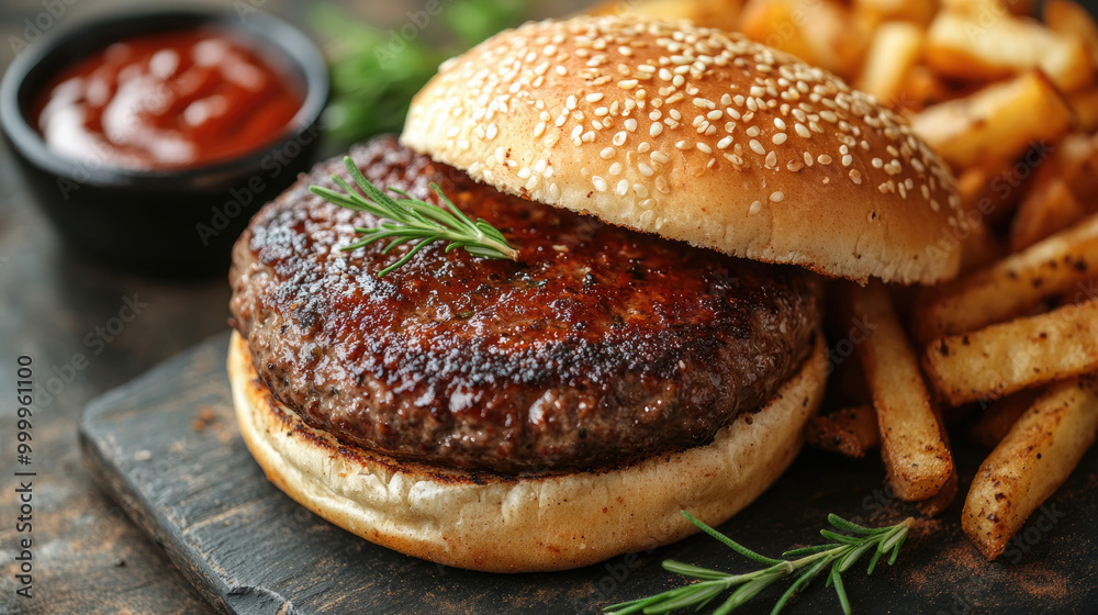 Savor a grilled beef burger with fresh herbs, golden fries, and tangy tomato sauce for a delicious dining experience! Savor a grilled beef burger with fresh herbs, golden fries, and tangy tomato sauce for a delicious dining experience!
