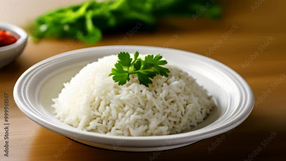 Deliciously simple A bowl of fluffy white rice garnished with fresh green herbs Deliciously simple A bowl of fluffy white rice garnished with fresh green herbs