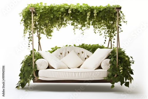 Wallpaper Mural white swing sofa hanging from a delicate wooden frame, surrounded by pastel-colored garden flowers and soft greenery.  cushions are gently shaded in light hues, creating a serene , calming atmosphere Torontodigital.ca