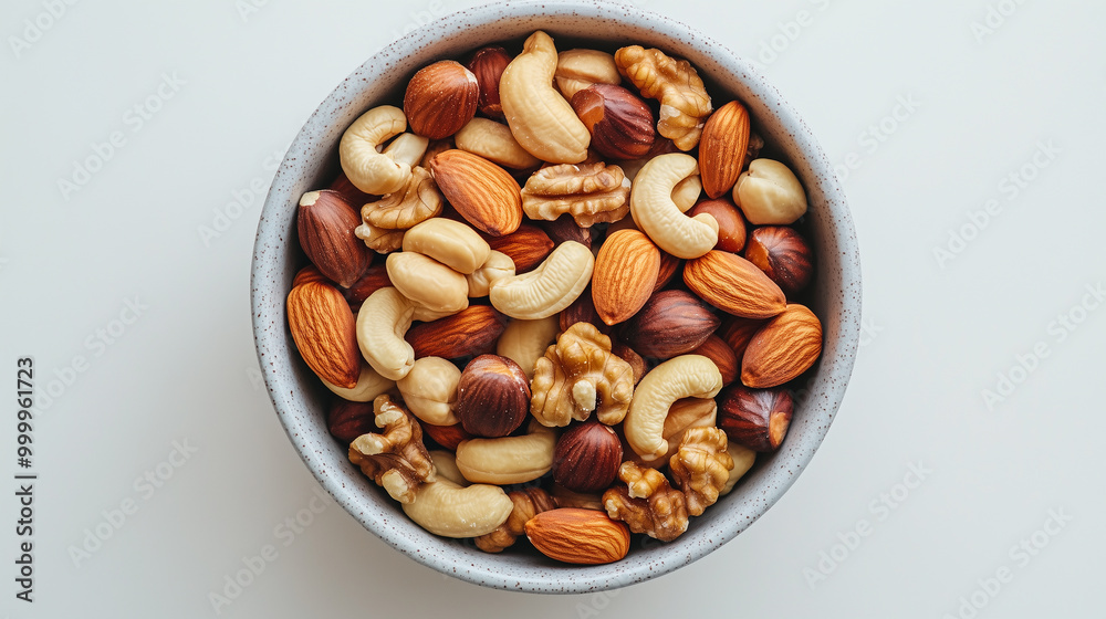 Nutty Delight: Bowl of Mixed Nuts on a White Surface Nutty Delight: Bowl of Mixed Nuts on a White Surface