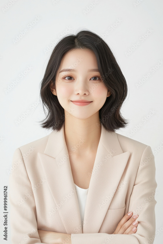 Pretty Asian woman standing with arms crossed smiling, wearing a cream colored office suit, white background Pretty Asian woman standing with arms crossed smiling, wearing a cream colored office suit, white background