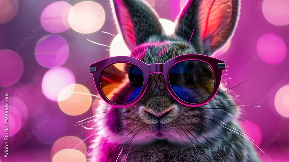 A rabbit wearing pink sunglasses poses against a purple bokeh background
