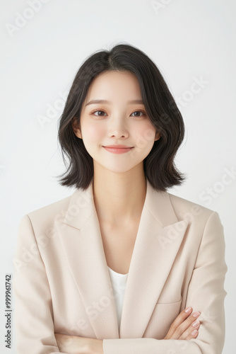 Pretty Asian woman standing with arms crossed smiling, wearing a cream colored office suit, white background