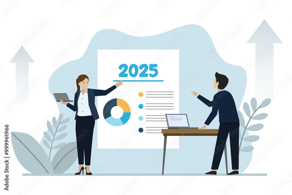 Business strategy, business people discussing planning strategies on the whiteboard to achieve business goals. Business vector illustration. Business strategy, business people discussing planning strategies on the whiteboard to achieve business goals. Business vector illustration.