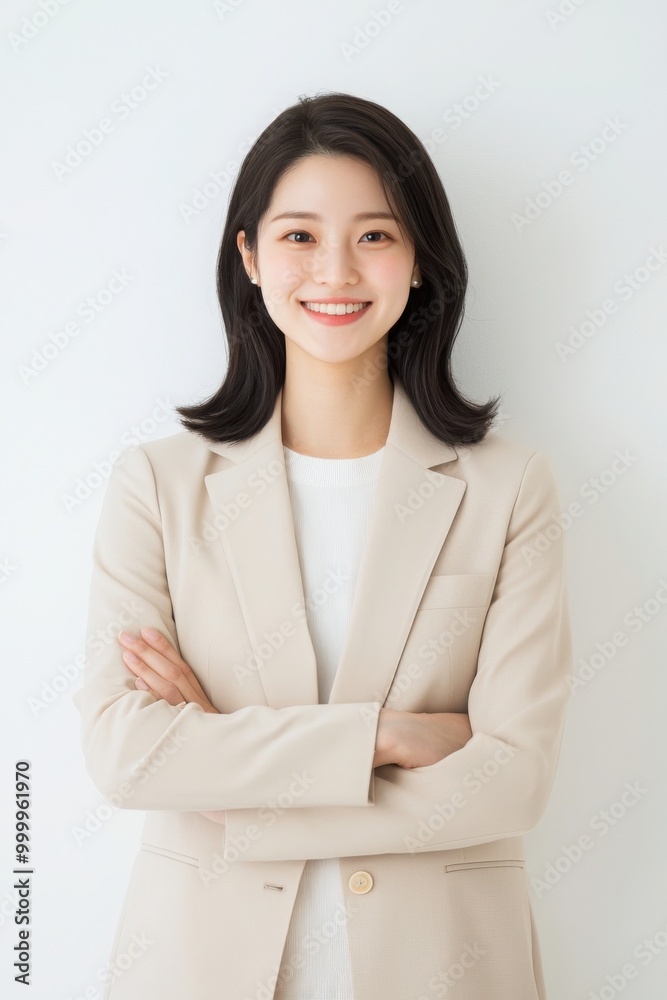 Pretty Asian woman standing with arms crossed smiling, wearing a cream colored office suit, white background Pretty Asian woman standing with arms crossed smiling, wearing a cream colored office suit, white background
