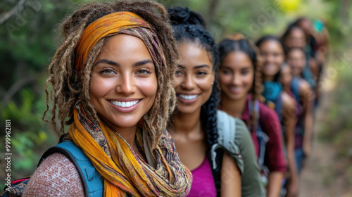 A cheerful group of women hikes together, enjoying nature and each other's company on a sunny day through a scenic forest trail