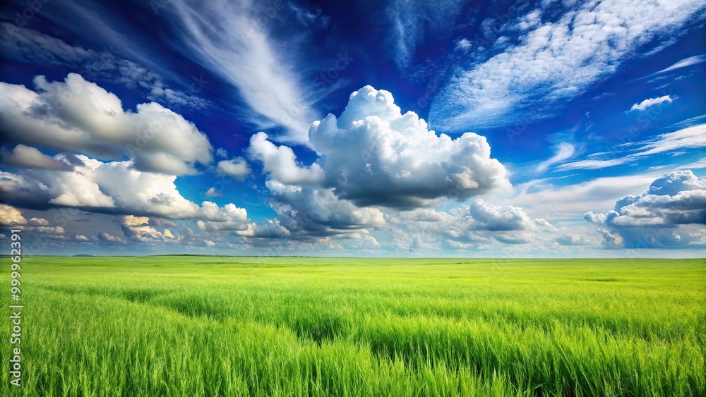 Obraz premium High angle view of lush green grass field under blue sky with fluffy white clouds in background