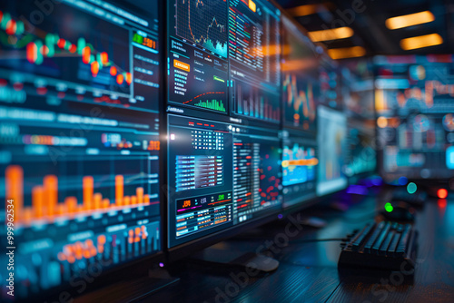 Computer monitors displaying stock data graphs in a modern control room or meeting room, showcasing financial analysis and monitoring.