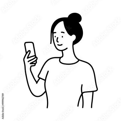 スマホの画面を見ている女性のシンプルな線画イラスト 透過背景の切り抜き