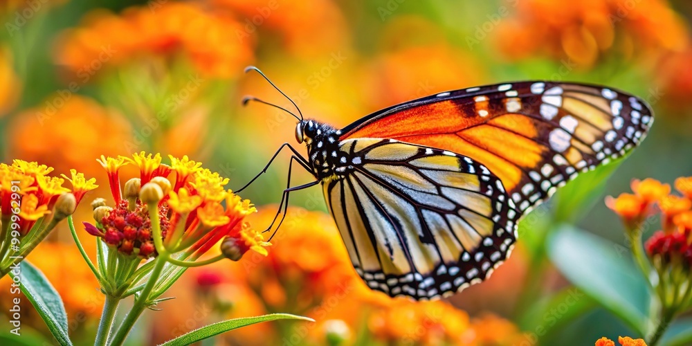 Fototapeta premium High angle view of Monarch butterfly pollinating on orange flowers