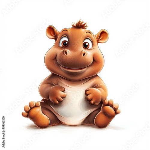 An adorable animated baby hippo with a big smile, sitting happily, showcasing its playful and cute nature.