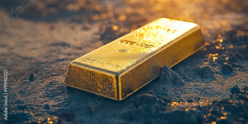 A single gold bar placed in rugged terrain, reflecting the bright light and symbolizing wealth and endurance.