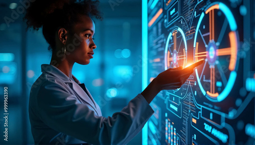 Threat from AI cyber security, female African American IT specialist analyzing data from futuristic holographic applications. Banner for the concept of artificial intelligence and augmented reality in
