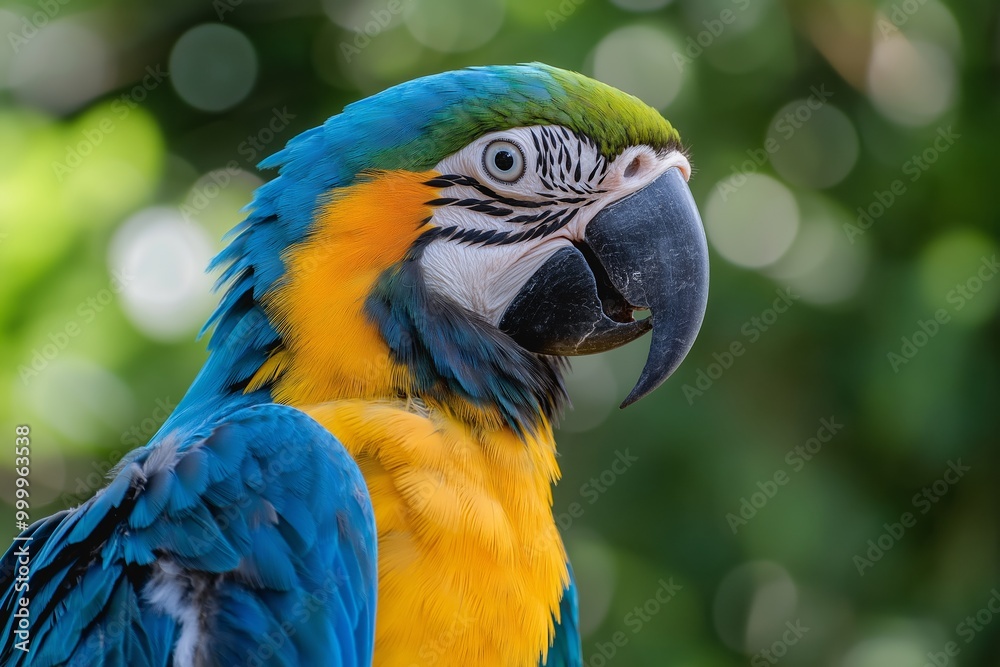 Close-up of a colorful macaw parrot showing vivid blue and yellow feathers on an abstract green blurred background. Close-up of a colorful macaw parrot showing vivid blue and yellow feathers on an abstract green blurred background.