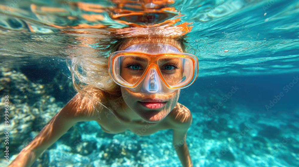 Naklejka premium A woman swims gracefully underwater, wearing snorkel gear, in a clear blue sea teeming with colorful coral and marine life