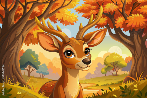 funny roe deer in autumn park with oak trees , vector cartoon illustration, landscape background photo