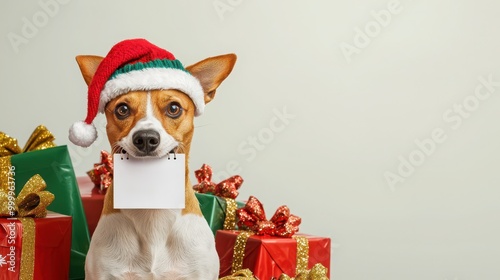 Festive canine companion, adorned in a cheerful holiday hat, joyfully clutching shopping bags, embodying seasonal spirit and merriment