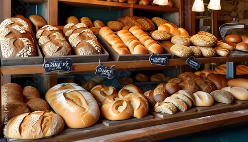 Artisan bakery display featuring an array of freshly baked loaves and delightful pastries