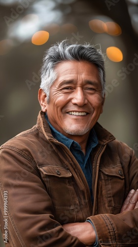 A cheerful Native American man poses confidently outside his workplace, showcasing his role photo