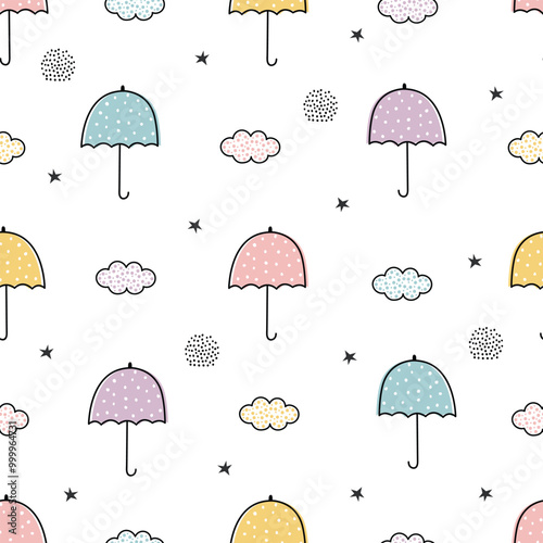 A colorful pattern featuring umbrellas and clouds on a white background, perfect for a playful, whimsical design.