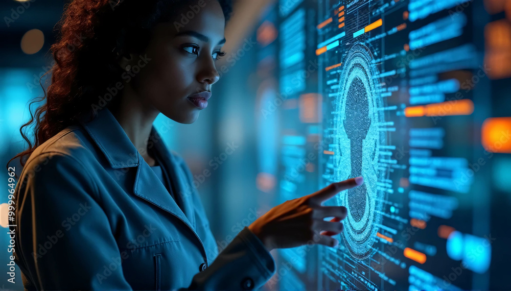 Threat from AI cyber security, female African American IT specialist analyzing data from futuristic holographic applications. Banner for the concept of artificial intelligence and augmented reality in Threat from AI cyber security, female African American IT specialist analyzing data from futuristic holographic applications. Banner for the concept of artificial intelligence and augmented reality in