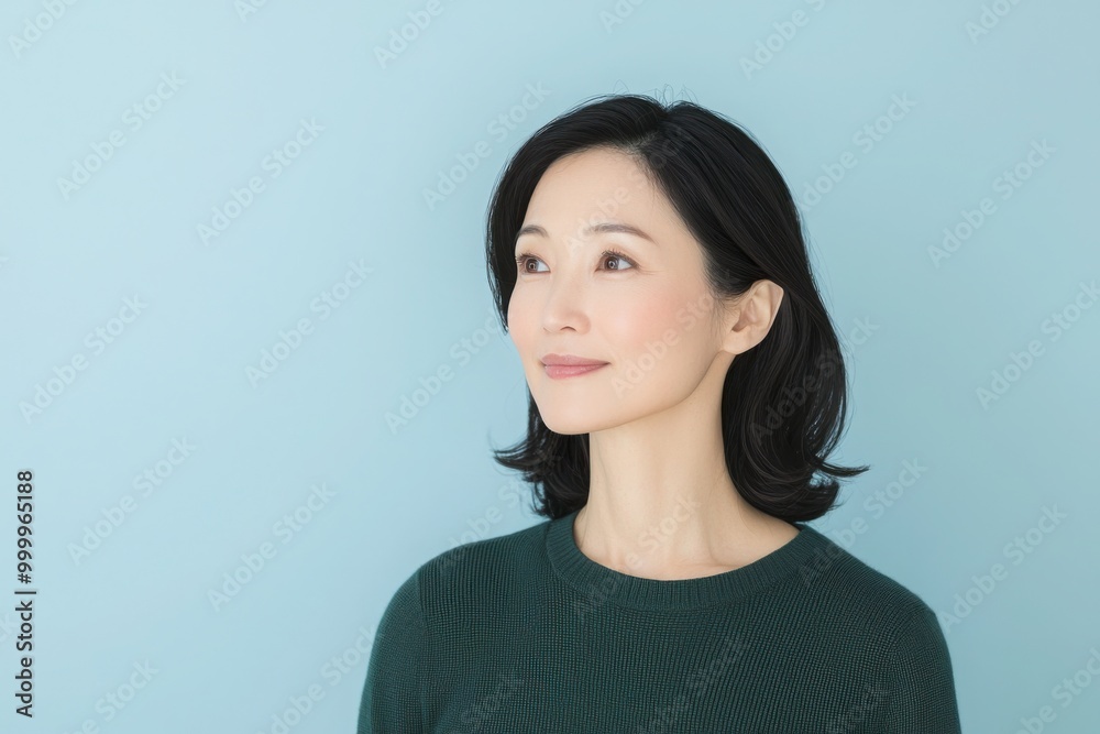 An Asian woman in her late thirties, wearing a dark green sweater, smiling brightly. An Asian woman in her late thirties, wearing a dark green sweater, smiling brightly.