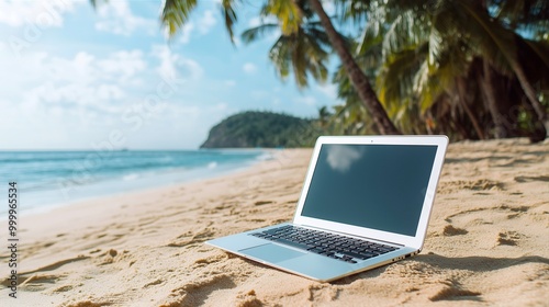 open blank laptop on the beach