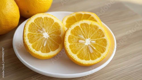 halves of yuzu on a white plate photo