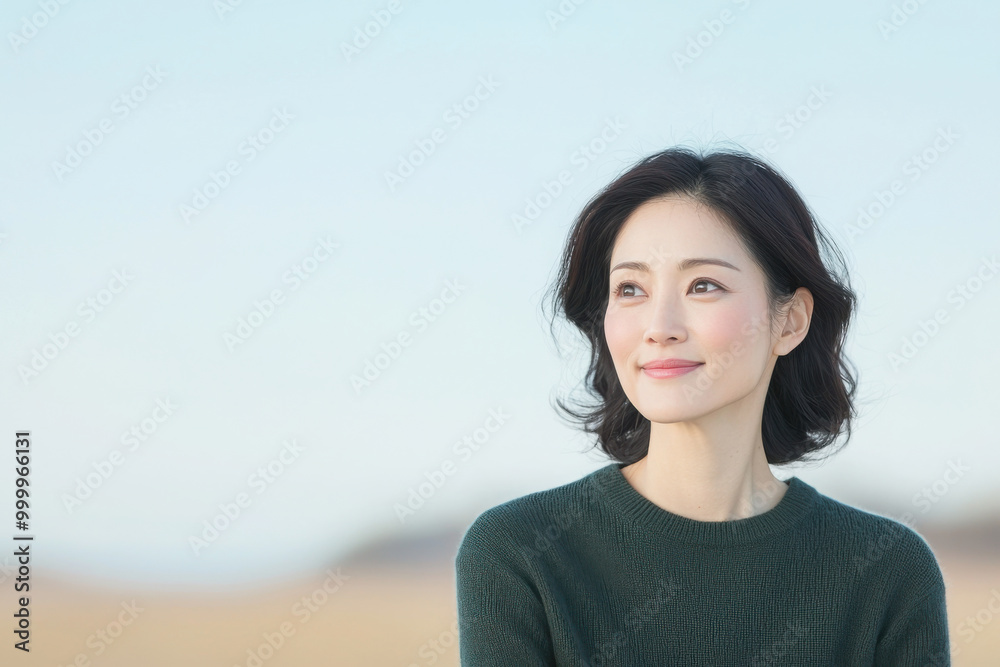 An Asian woman in her late thirties, wearing a dark green sweater, smiling brightly. An Asian woman in her late thirties, wearing a dark green sweater, smiling brightly.