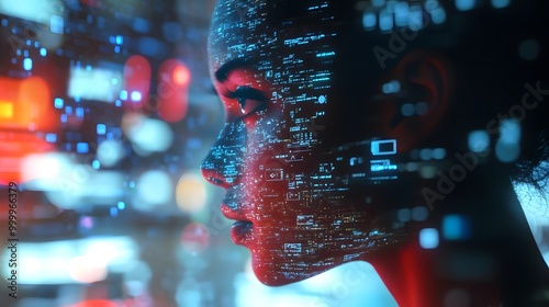 A figure's face replaced by a glowing screen, showing an endless stream of notifications and messages.