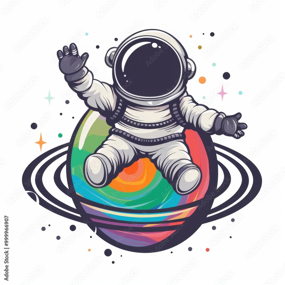 Obraz premium astronaut sitting on planet and waving hand cartoon icon illustration