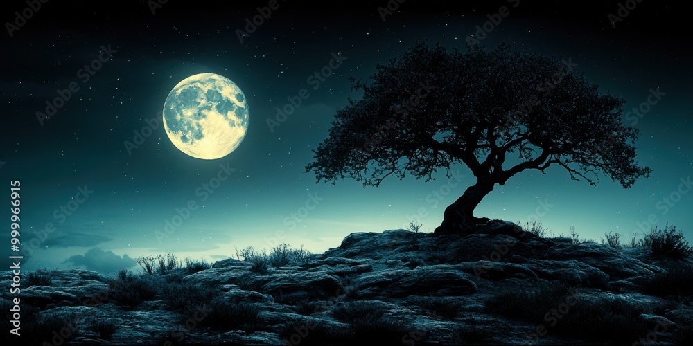 A solitary tree stands tall on a rocky hilltop under a luminous moon and a canopy of twinkling stars A solitary tree stands tall on a rocky hilltop under a luminous moon and a canopy of twinkling stars