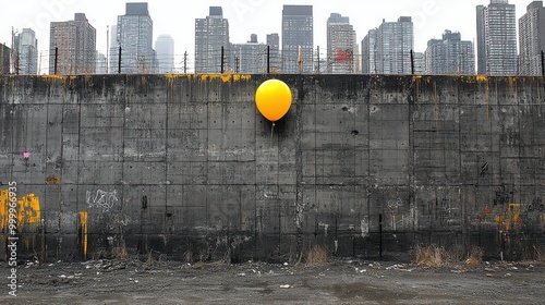 A lone yellow balloon floats against a concrete wall, a stark contrast to the drab cityscape beyond.