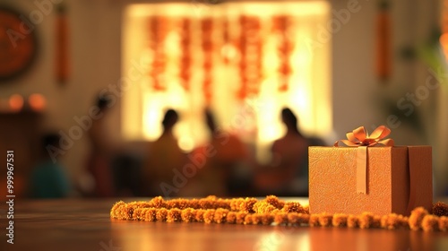 Diwali gift with an empty tag on a table, marigold flowers in the background, family celebrating Diwali in their living room, festive atmosphere, Diwali gift, family celebration, festival of lights