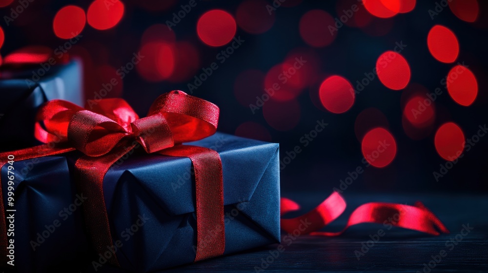 Dark blue gift boxes tied with red ribbons against a dark blue background with red bokeh, symbolizing Diwali celebration, festive joy, Indian tradition, Diwali gifts, festival, decor, bokeh Dark blue gift boxes tied with red ribbons against a dark blue background with red bokeh, symbolizing Diwali celebration, festive joy, Indian tradition, Diwali gifts, festival, decor, bokeh