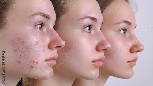 Detailed time-lapse, starting with severe acne, gradually fading blemishes, skin texture improving, showing recovery through each phase