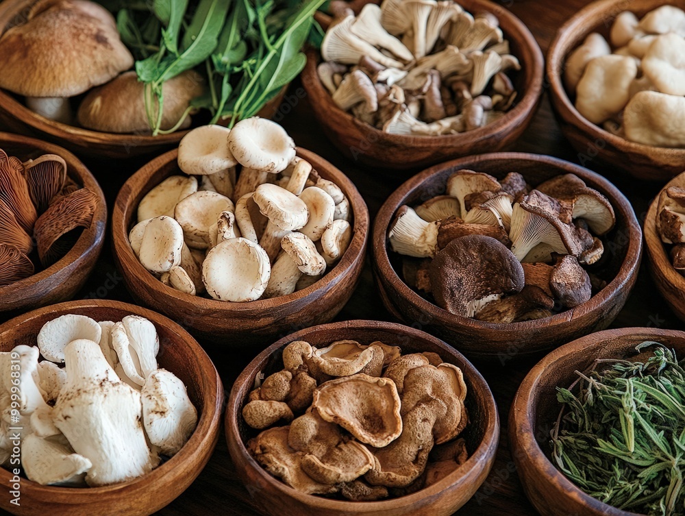 A close-up of organic mushroom-based ingredients such as reishi, shiitake, and lion mane, arranged in rustic wooden bowls with fresh herbs, symbolizing their adaptogenic and health-boosting properties A close-up of organic mushroom-based ingredients such as reishi, shiitake, and lion mane, arranged in rustic wooden bowls with fresh herbs, symbolizing their adaptogenic and health-boosting properties