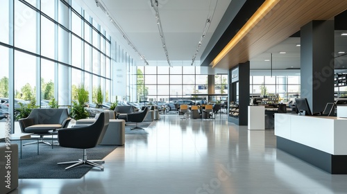 Modern spacious reception area with seating and large windows for natural light.