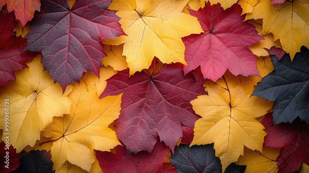 A vibrant tapestry of autumn leaves, showcasing a symphony of colors golden, crimson, and dark burgundy, a mesmerizing blend of nature's artistry.