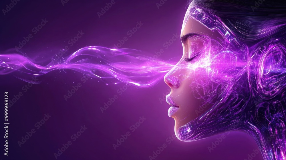 Futuristic woman with digital aura and purple light effects Futuristic woman with digital aura and purple light effects
